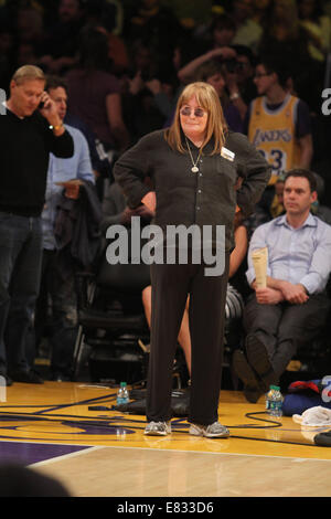 Les Lakers célébrités à un jeu. Les Lakers de Los Angeles a défait les Knicks de New York par le score final de 127-96 au Staples Center avec : Penny Marshall Où : Los Angeles, California, United States Quand : 25 Mars 2014 Banque D'Images