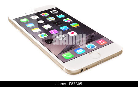 Or Apple iPhone 6 Plus montrant l'écran d'accueil avec iOS 8. Banque D'Images