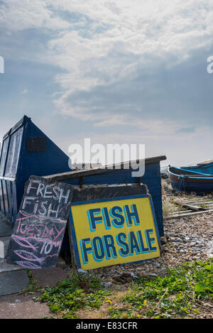 Poisson frais à vendre signes sur la plage de West Sussex Banque D'Images