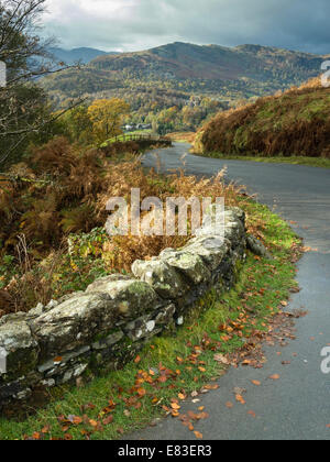 Route de campagne sinueuse près de Great Langdale, Langdale, Lake District, Cumbria, England, UK Banque D'Images