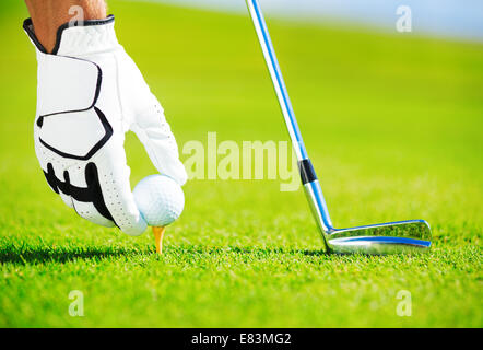 Plaçant l'homme sur la balle de golf Tee, Close up Detail Banque D'Images