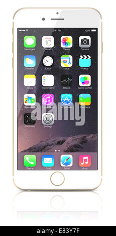 Or Apple iPhone 6 Plus montrant l'écran d'accueil avec iOS 8. Banque D'Images