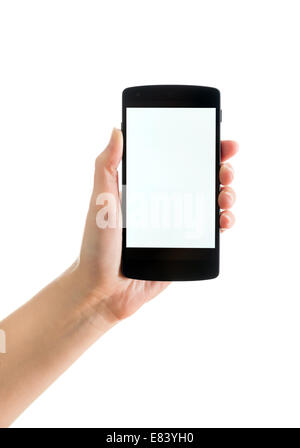 Studio shot of woman holding tout nouveau Google Nexus 5 avec écran vide. Banque D'Images