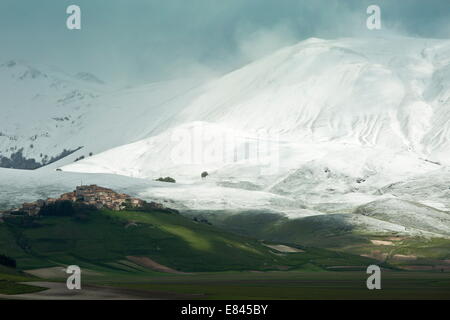 Castelluccio di Norcia et le Piano Grande à la fin du printemps, avec les montagnes de neige ; parc national Monti Sibillini, Italie. Banque D'Images