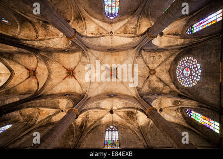 Plafond gothique de la Basilique de Santa Maria del Mar à Barcelone, Catalogne, Espagne, datant du 14ème siècle. Banque D'Images