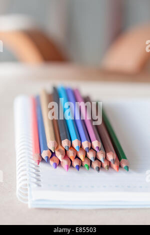 Crayons de couleur sur le carnet à spirales, stock photo Banque D'Images