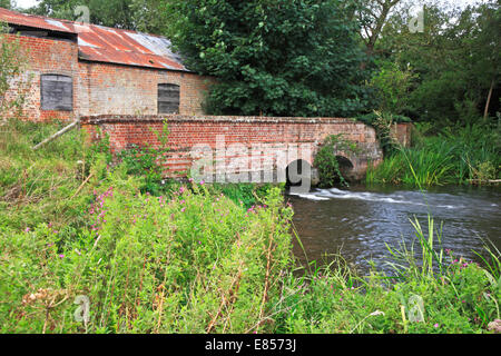 Vue d'un pont sur la rivière Bure avec l'usine désaffectée à Blickling, près de Aylsham, Norfolk, Angleterre, Royaume-Uni. Banque D'Images