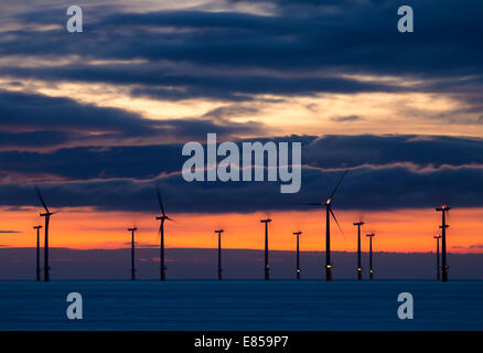 Parc éolien en mer de Teesside sur la côte nord-est au lever du soleil. L'Angleterre. UK Banque D'Images