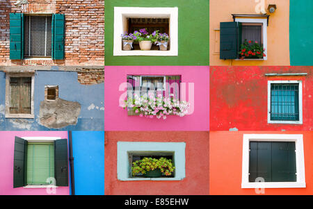 Collection de windows sur des murs colorés dans l'île de Burano, Venise, Italie Banque D'Images