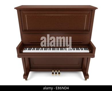 Piano droit brun isolé sur fond blanc Banque D'Images