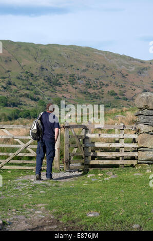 Homme Caucasain Walker Walking la façon de Cumbrie, Elterwater, Lake District, Cumbria, England, UK PUBLIÉ MODÈLE Banque D'Images