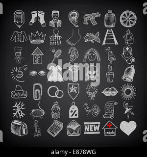 49 dessin doodle icon set sur fond noir Banque D'Images