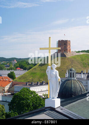 Vue de la cathédrale de l'horloge au-dessus de la Cathédrale/Katedra et vers la tour de Gediminas/Boxto, Vilnius, Lituanie Banque D'Images