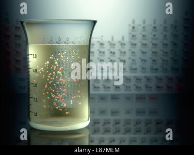 Tubes à essai à l'intérieur d'éléments chimiques et tableau périodique sur l'arrière-plan. Banque D'Images