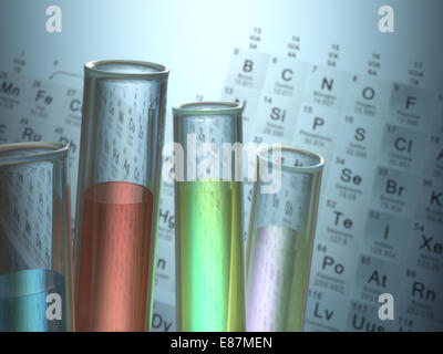 Tubes à essai à l'intérieur d'éléments chimiques et tableau périodique sur l'arrière-plan. Banque D'Images
