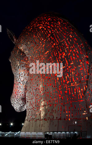 L'un des Kelpies éclairés la nuit à l'helice sur le Forth and Clyde Canal près de Falkirk, Ecosse centrale. Banque D'Images