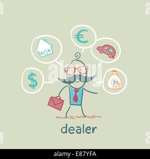 Dealer pense de devises, maison, voiture, argent Illustration de Vecteur