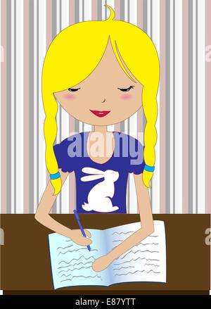 Vector Illustration de petite fille assise à un bureau et de l'écriture Illustration de Vecteur