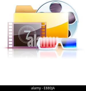 Vector illustration de l'interface vidéo numérique jaune ordinateur icône de dossier avec grande bobine de film simple et 3D glasses Illustration de Vecteur