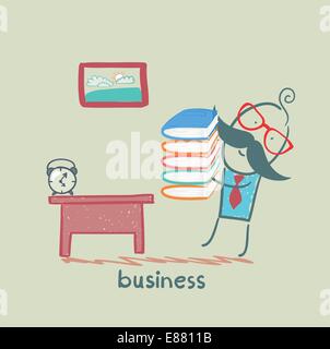 Businessman va à son travail avec une pile de livres Illustration de Vecteur