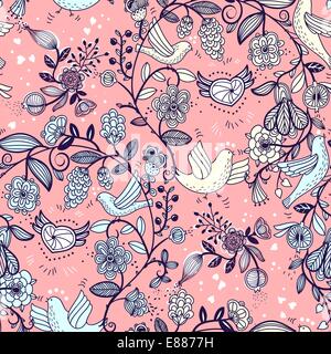 Motif floral seamless vector avec des guirlandes et les oiseaux en plein vol Illustration de Vecteur