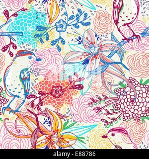Vector floral pattern transparente avec fantaisie fleurs et oiseaux Illustration de Vecteur
