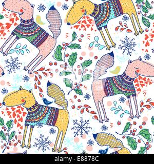 Vecteur de Noël motif transparent avec smiling chiens et des baies de houx Illustration de Vecteur