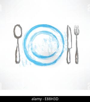 La plaque avec une cuillère, fourchette et couteau icon Illustration de Vecteur