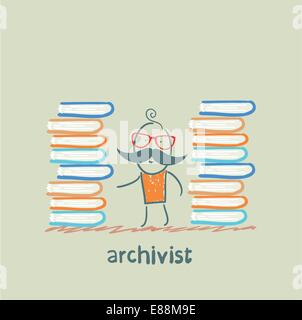 Archiviste debout près de piles de livres Illustration de Vecteur