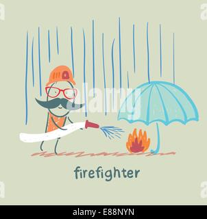 Pompier se trouve dans la pluie et éteindre le feu sous le parapluie Illustration de Vecteur