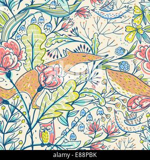 Vector floral motif transparent avec des fleurs et des Renards Illustration de Vecteur