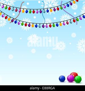 Fond de Noël avec des flocons de neige et lumières colorées Illustration de Vecteur