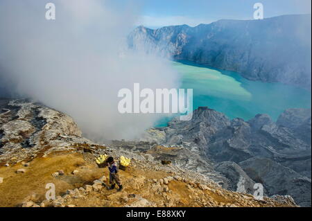 Travailleur chargé avec de gros morceaux de soufre dans les nuages de vapeur avant sur le lac de cratère Ijen, Java, Indonésie, Asie du Sud, Asie Banque D'Images