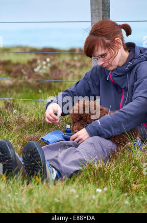 Un female hiker nourrir leur chien tandis que dehors sur une promenade dans la campagne. Banque D'Images