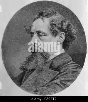 Charles Dickens (1812-1870). Écrivain et critique sociale. Portrait. Gravure publiée en espagnol. Banque D'Images