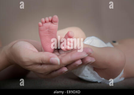 Bébé nouveau-né garçon bercé dans les pieds mères part Banque D'Images