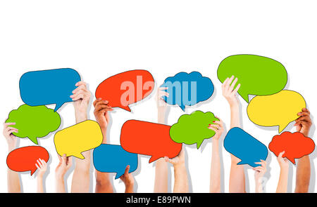 Groupe d'Hand Holding Speech Bubble Icons Banque D'Images