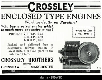 Publicité de 1920 pour les moteurs de type clos CROSSLEY Openshaw, Manchester en anglais magazine daté de juin 1929 Banque D'Images