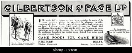 1920 publicité pour la nourriture pour le gibier à plumes par GILBERTSON & PAGE LTD d'Hertford dans magazine anglais daté de juin 1929 Banque D'Images