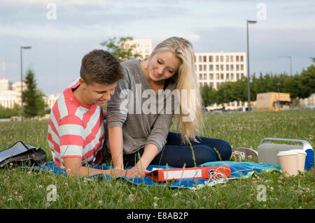 Teenage couple doing Homework in park, smiling Banque D'Images