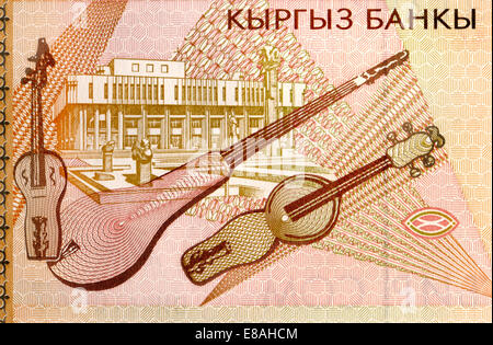 Détail d'un billet de som 1 Kirghizistan Kirghizs State Philharmonic Hall et des instruments de musique : Kobyz (gauche) Komuz (cen Banque D'Images