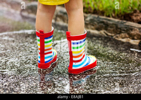 Les jambes de fille portant des bottes en caoutchouc debout dans la pluie flaque Banque D'Images