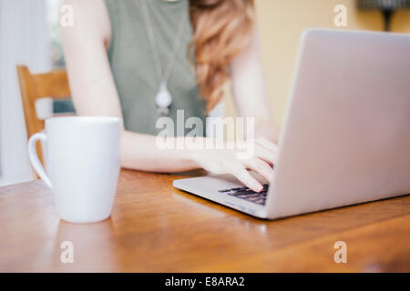 Cropped shot of young woman typing on laptop at table de salle à manger Banque D'Images