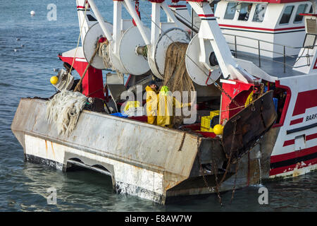 Les pêcheurs travaillant à bord du chalutier dragueur / bateau en mer Banque D'Images