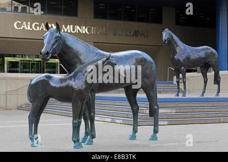 Famille de la Sculpture du cheval par Harry O'Hanlon, Ville édifice municipal, Calgary, Alberta, Canada Banque D'Images