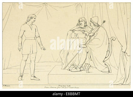 Une illustration de l'édition 1828-1833 de Howard du 'King Lear' de Shakespeare, plus précisément du volume 5, page 115. L'image accompagne le texte de la pièce, illustrant une scène ou un thème de ce drame tragique, reflétant les interprétations littéraires et artistiques de l'œuvre de Shakespeare au début du XIXe siècle. Banque D'Images