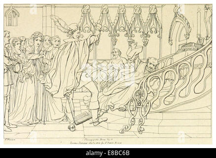 Une illustration de l'édition de 1828-33 de Howard de « The Taming of the Shrew » de Shakespeare, représentant une scène de la pièce avec des détails historiques et théâtraux. Banque D'Images