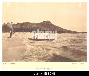 Ce croquis de Stoddard de 1892 montre Diamond Head, le célèbre cratère volcanique situé à Honolulu, Hawaï, représentant sa formation géologique spectaculaire et le paysage environnant. Banque D'Images