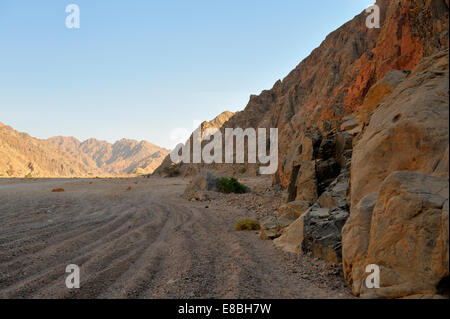 La poussière des pistes de véhicules entre les montagnes à travers désert dans le sud de la péninsule du Sinaï, Égypte Banque D'Images