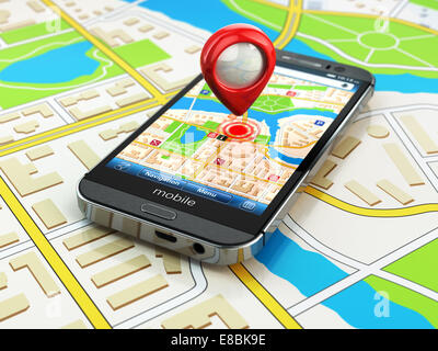 Concept de navigation GPS Mobile. Du Smartphone sur le site de la ville, 3d Banque D'Images